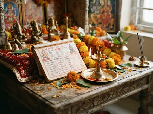 Pandit Ji consulting a Vedic Panchang for astrological guidance