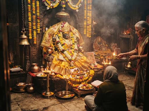 दिव्य गर्भगृह में उष्ण दीपों की स्वर्णिम आभा